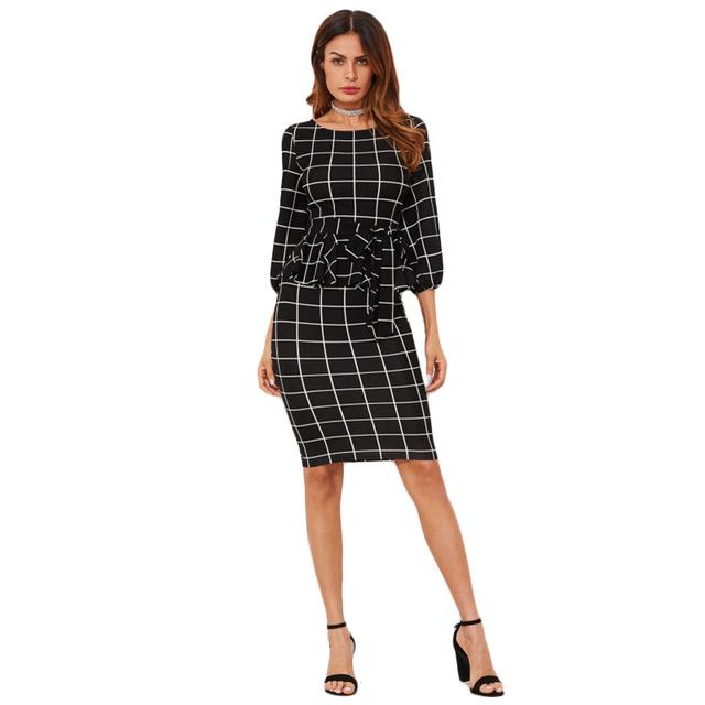 Plaid Bodycon Dress Tie Waist Bow Pencil Party Dresses Ladies Work Midi Dress