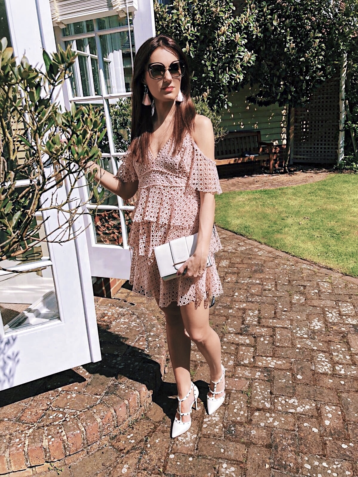 Elegant Duchess Fashion PrettyLittleThing Lace Cold Shoulder Dress | Radley PALACE STREET SMALL FLAPOVER CROSS BODY BAG | River Island fringe earrings | DUNE Daeneryss Studded High Heel Court Shoes