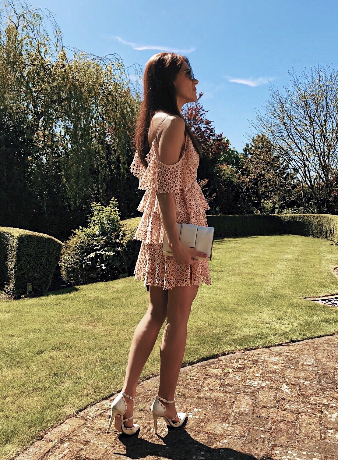 Elegant Duchess Fashion PrettyLittleThing Lace Cold Shoulder Dress | Radley PALACE STREET SMALL FLAPOVER CROSS BODY BAG | River Island fringe earrings | DUNE Daeneryss Studded High Heel Court Shoes