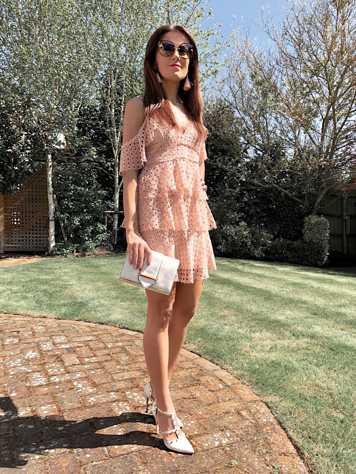 Elegant Duchess Fashion PrettyLittleThing Lace Cold Shoulder Dress | Radley PALACE STREET SMALL FLAPOVER CROSS BODY BAG | River Island fringe earrings | DUNE Daeneryss Studded High Heel Court Shoes