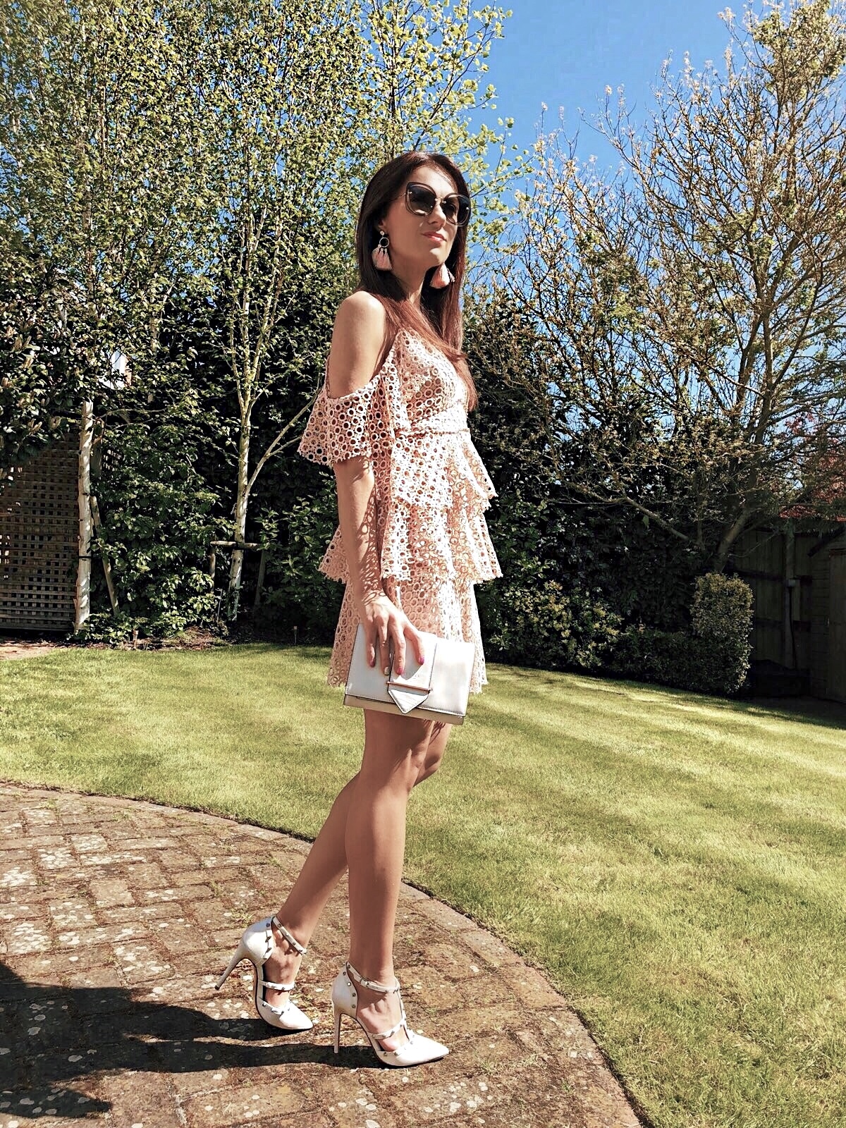 Elegant Duchess Fashion PrettyLittleThing Lace Cold Shoulder Dress | Radley PALACE STREET SMALL FLAPOVER CROSS BODY BAG | River Island fringe earrings | DUNE Daeneryss Studded High Heel Court Shoes