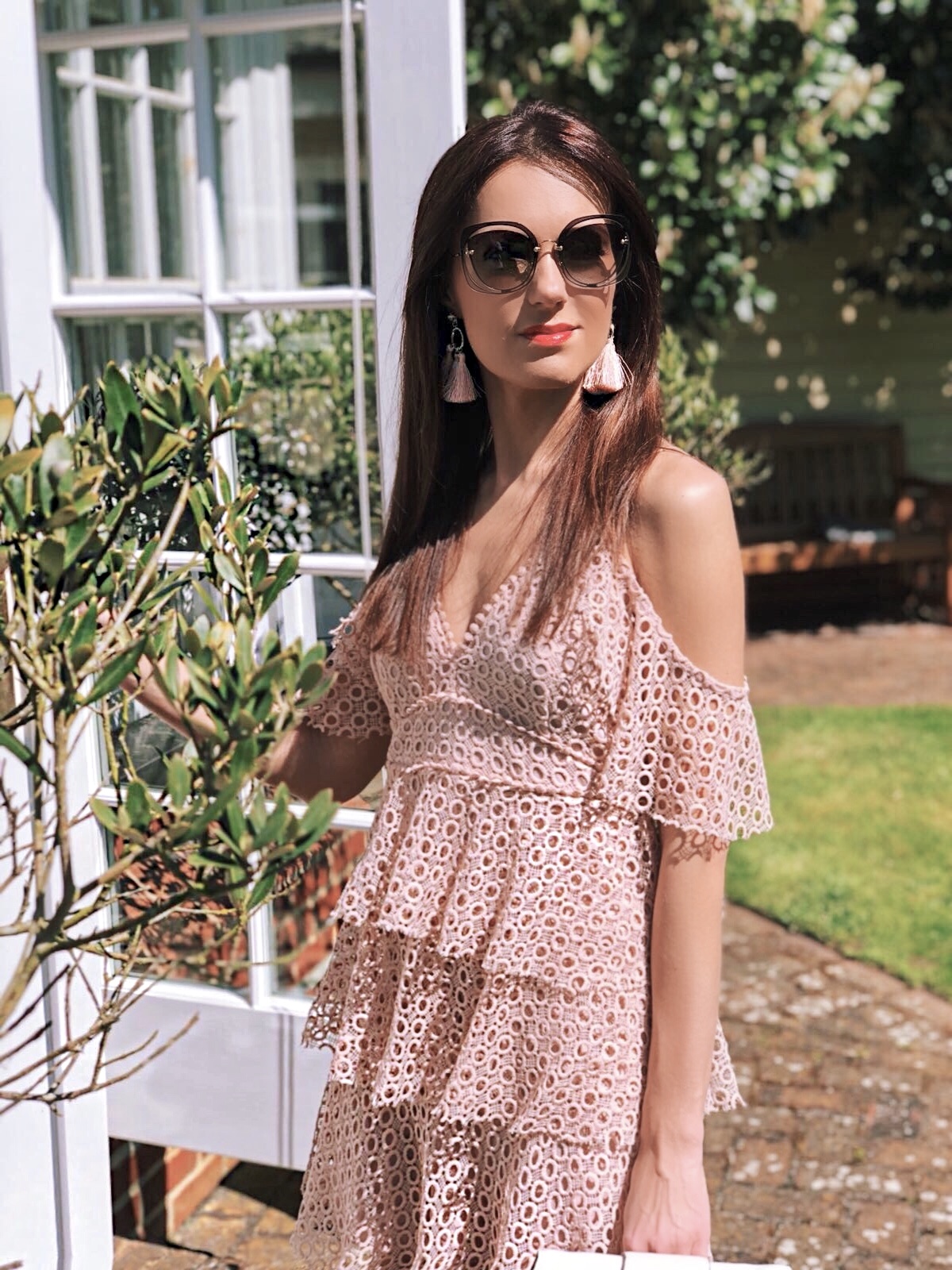 Elegant Duchess Fashion PrettyLittleThing Lace Cold Shoulder Dress | Radley PALACE STREET SMALL FLAPOVER CROSS BODY BAG | River Island fringe earrings | DUNE Daeneryss Studded High Heel Court Shoes