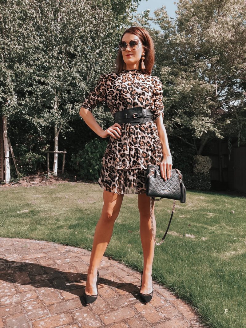 Elegant Duchess Fashion V by Very Ruched Sleeve Frill Tea Dress - Leopard Print | Ted Baker sheer court shoes | Miu Miu sunglasses | Swarovski earrings Asos belt | Calvin Klein clutch bag