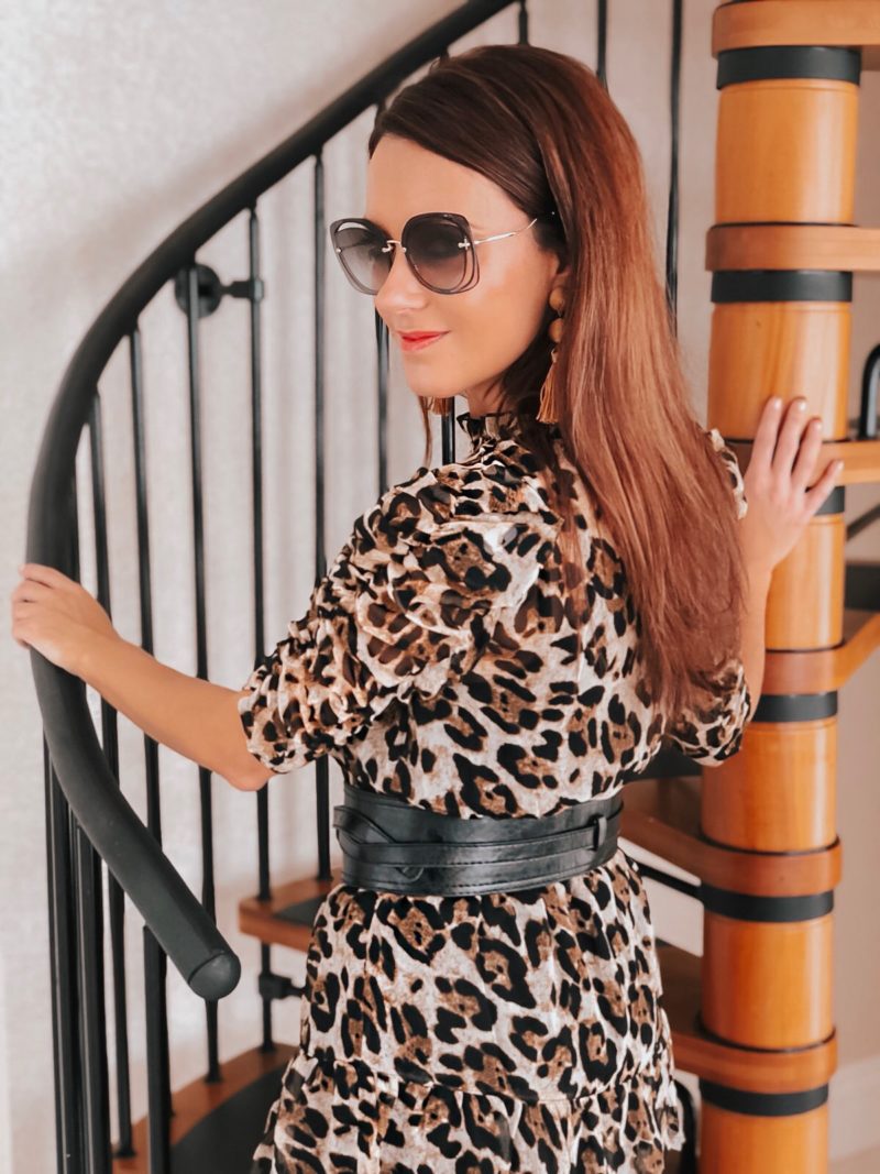 Elegant Duchess Fashion V by Very Ruched Sleeve Frill Tea Dress - Leopard Print | Ted Baker sheer court shoes | Miu Miu sunglasses | Swarovski earrings Asos belt | Calvin Klein clutch bag