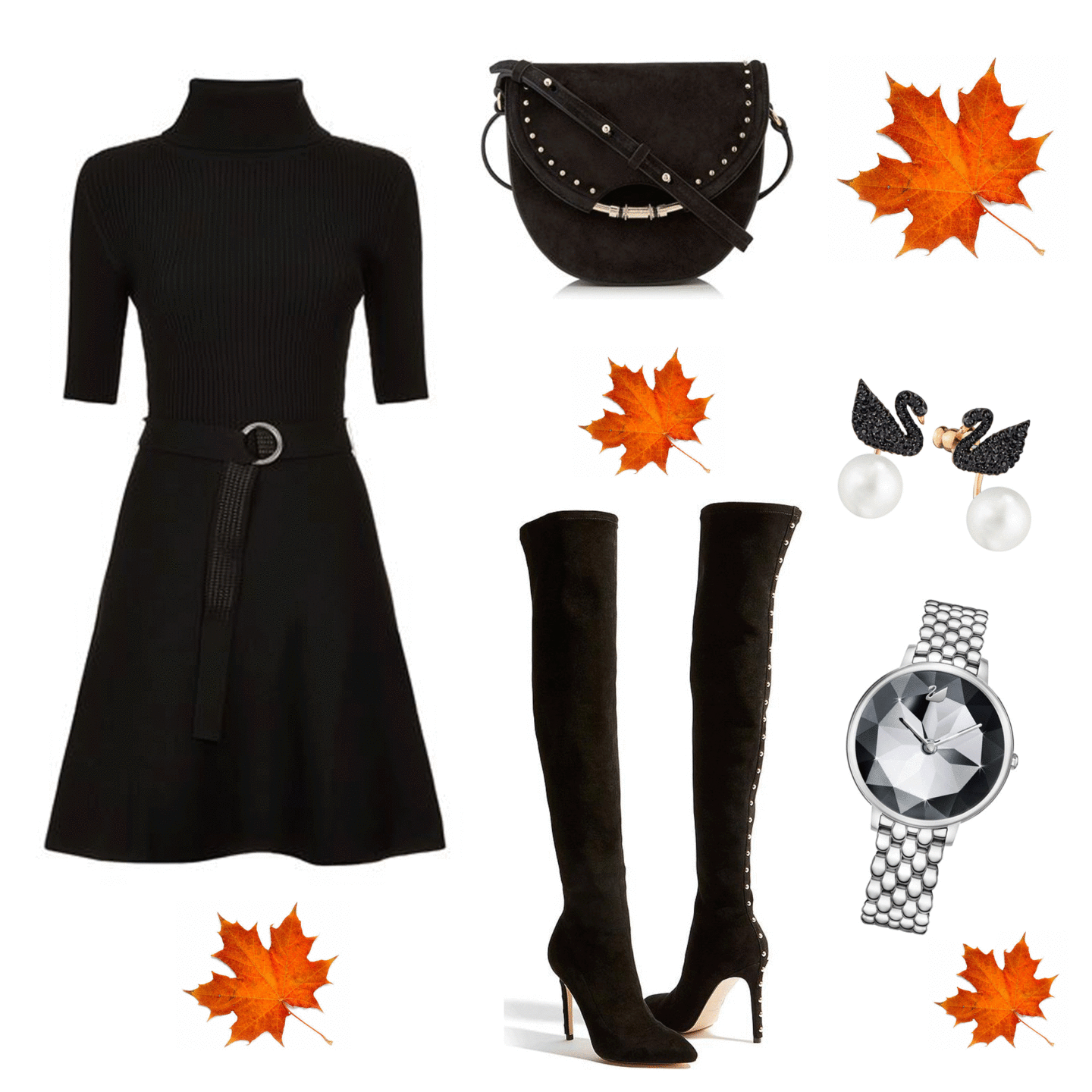 ELEGANT DUCHESS FASHION Jimmy Choo Suede Chrissy Cross Body Bag | KAREN MILLEN Over The Knee Boots | Swarovski CRYSTAL LAKE WATCH, METAL BRACELET, DARK GREY | Swarovski ICONIC SWAN PIERCED EARRING JACKETS | Claudie Pierlot Roll Neck Sweater Dress