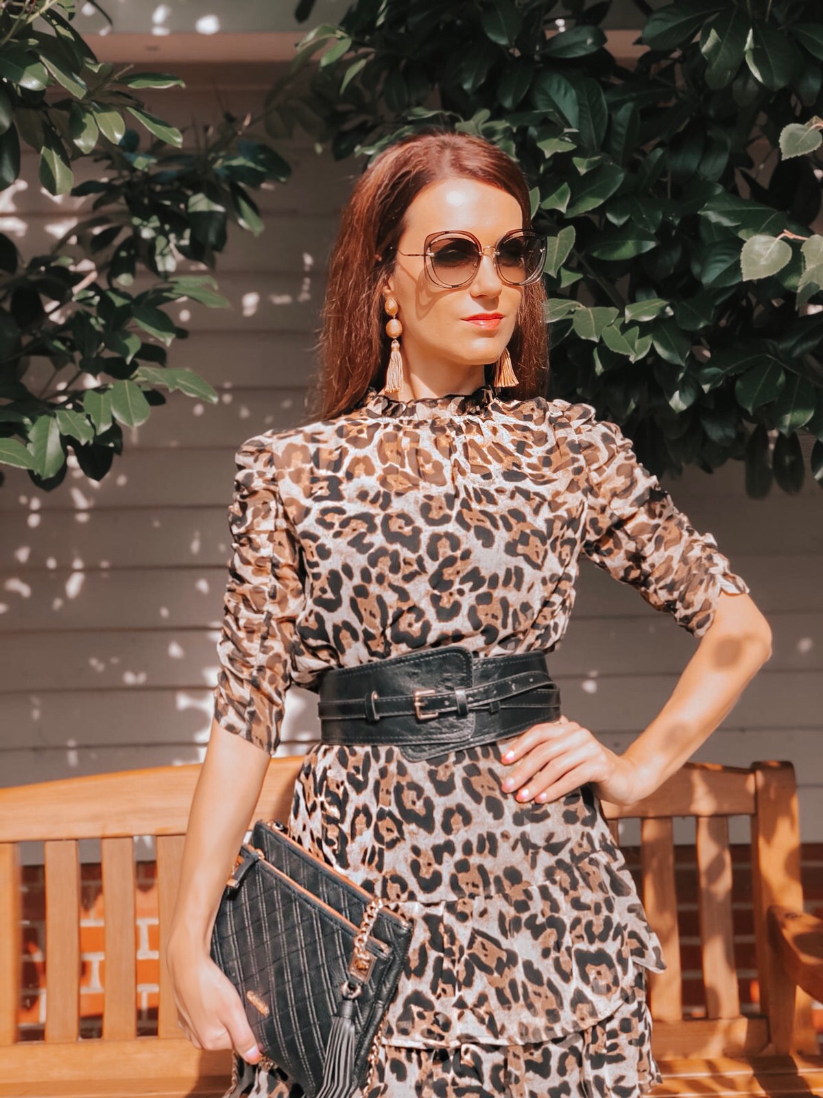 Elegant Duchess Fashion V by Very Ruched Sleeve Frill Tea Dress - Leopard Print | Ted Baker sheer court shoes | Miu Miu sunglasses | Swarovski earrings Asos belt | Calvin Klein clutch bag