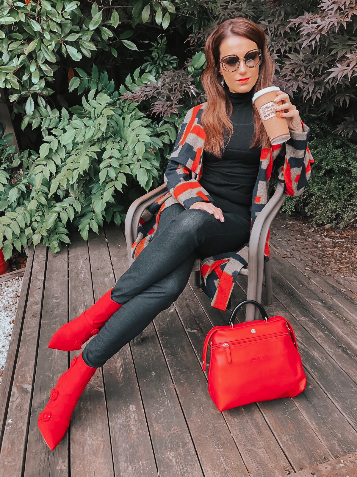 Lavish Alice cape overlay wool coat in abstract print | Faith Buckle Detail Stiletto Boots | Miu Miu Sunglasses | Valentino Red Tote Daybags | Swarovski FANTASTIC CHAIN PIERCED EARRINGS, WHITE | Faith Buckle Detail Stiletto Boot | Replay Luz Mid Rise Rinse Jeans with Contrast Stitch