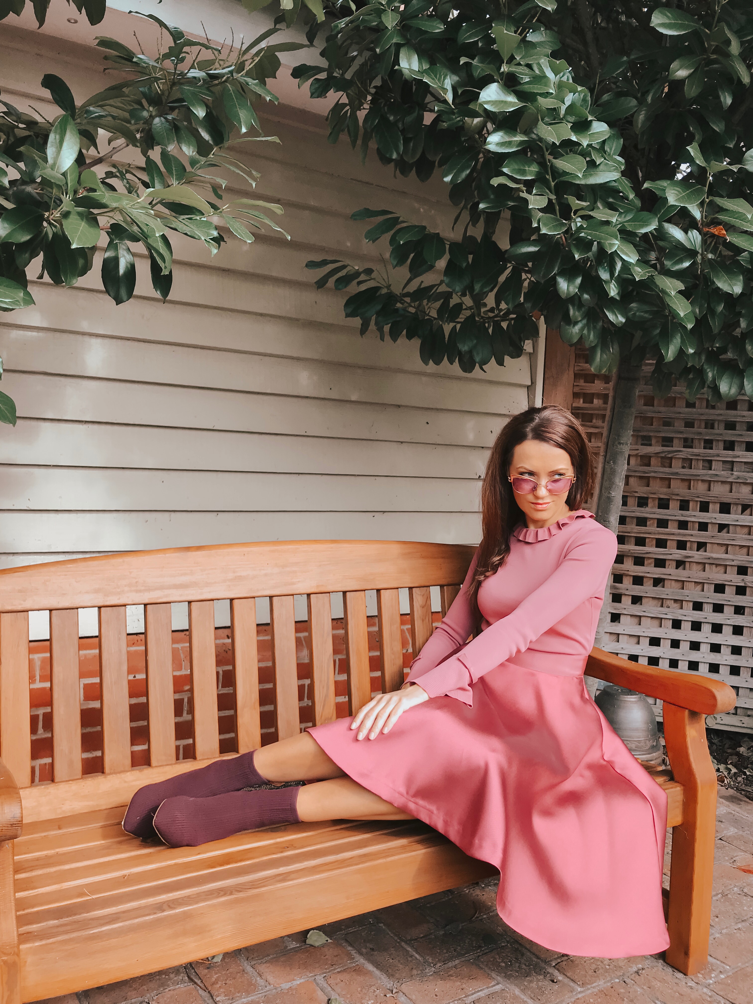 Elegant Duchess Fashion Ted Baker Pink Zadi Skater Dress | Kurt Geiger London Barbican-Wine-(Fabric) Knit Ankle Boot | Miu Miu Sunglasses | Swarovski earrings | Accessorize clutch bag