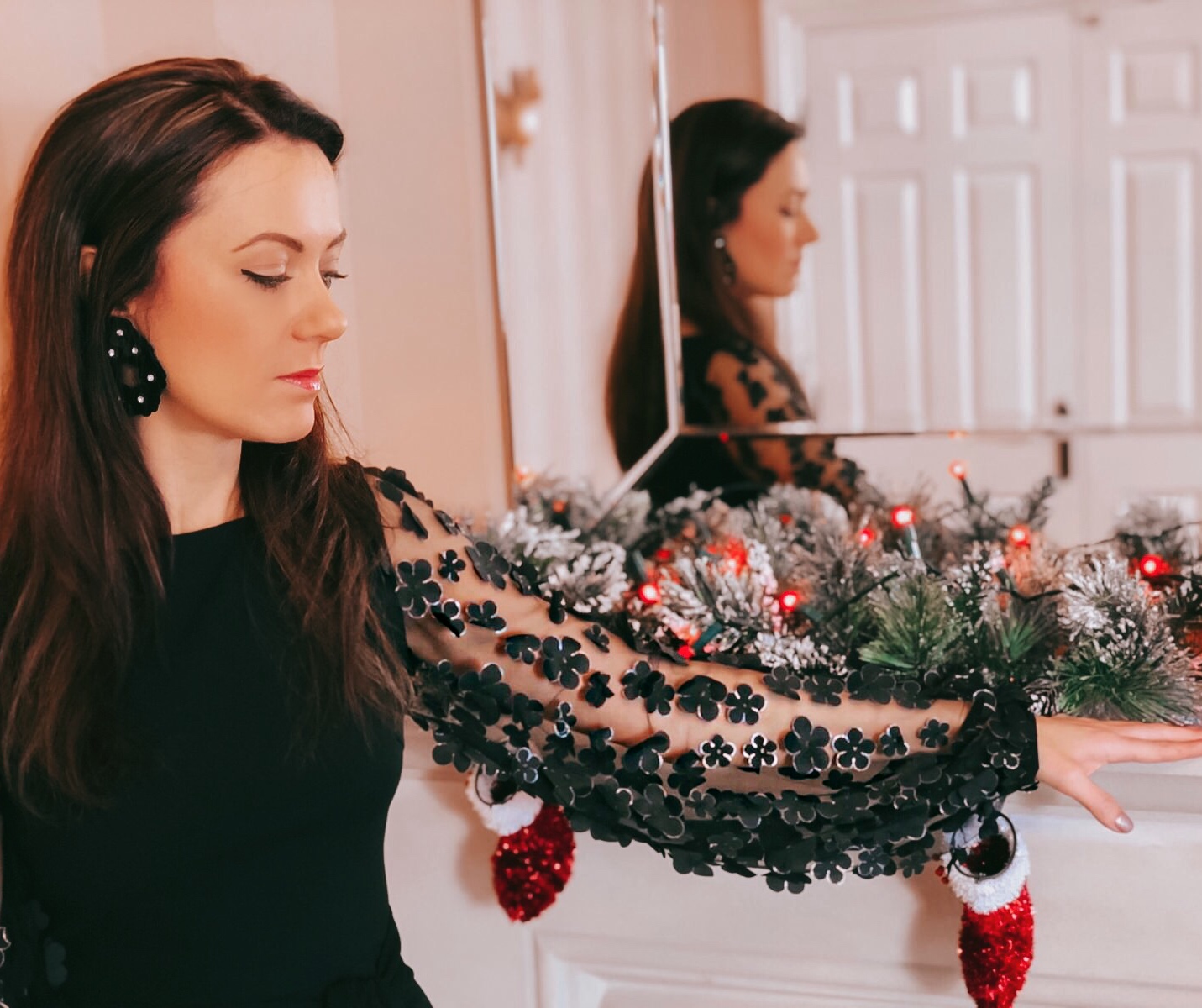 Elegant Duchess Boutique Black Mesh Flower Applique Dress Kaleidoscope MOOD by Jon Richard Black Floral Sequin Statement Earrings