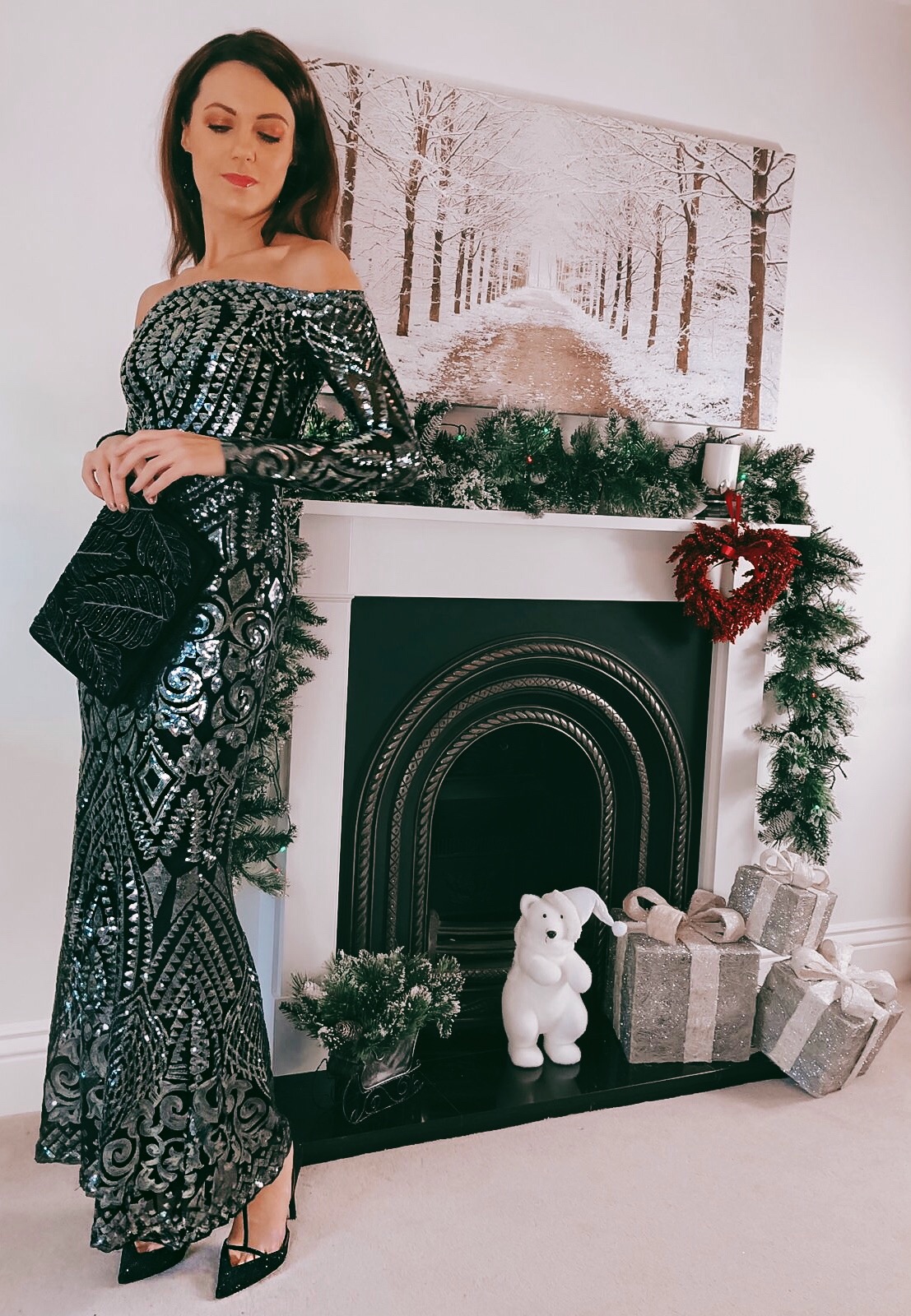 STEPHANIE PRATT – OFF THE SHOULDER LONG SLEEVE SEQUIN MAXI - GUNMETAL | NEXT BAG