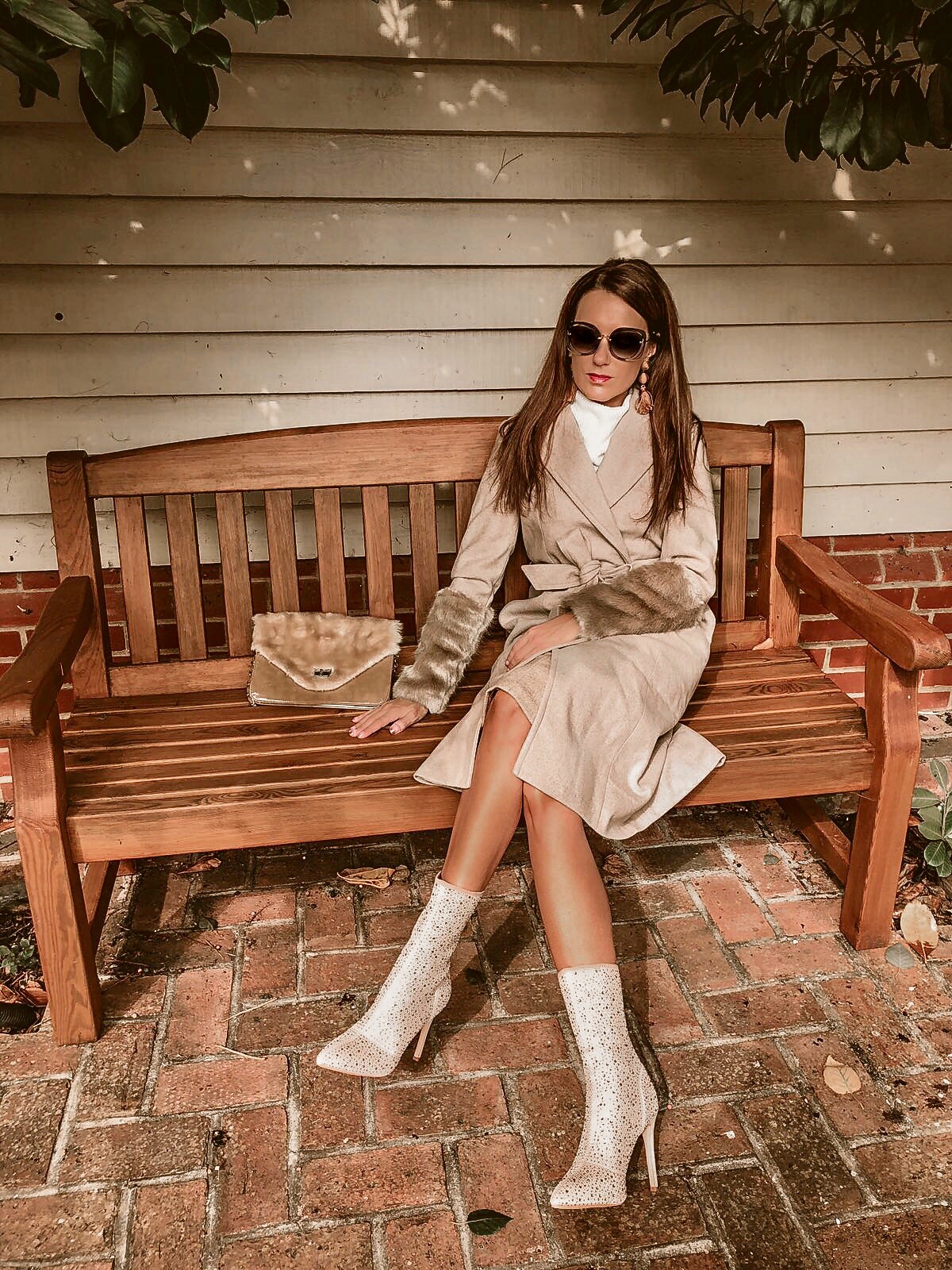 FASHION UNION CAMEL COAT | QUPID CRYSTAL EMBELLISHED BOOTS | MIU MIU SUNGLASSES | WAREHOUSE SKIRT