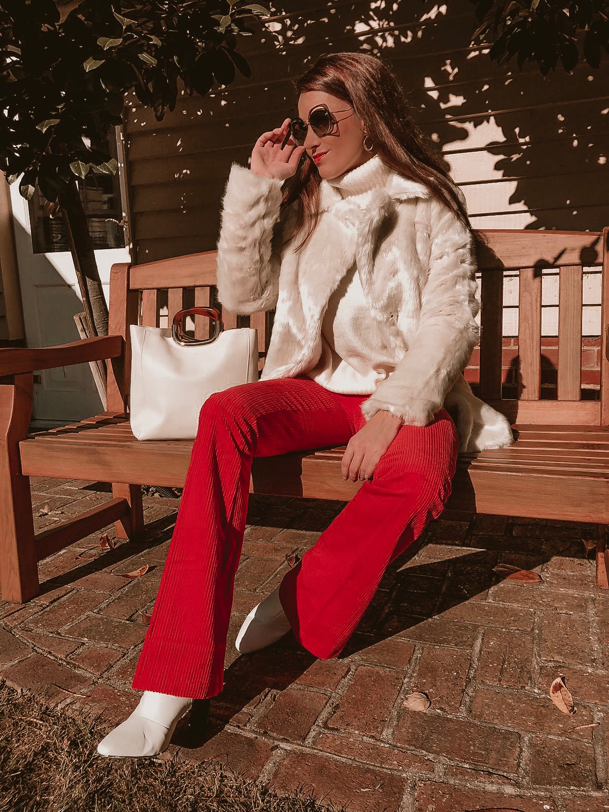 ASOS DESIGN slim kickflare trousers in Cord | Fashion Union Petite High Neck Jumper With Faux Fur Cuffs | Miu Miu sunglasses | Faith Handle Grab Bag | Faith Ankle Boot | Glamorous Faux Fur Coat