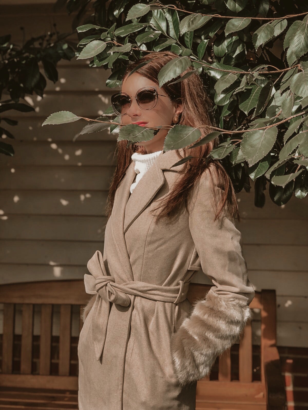 FASHION UNION CAMEL COAT | QUPID CRYSTAL EMBELLISHED BOOTS | MIU MIU SUNGLASSES | WAREHOUSE SKIRT