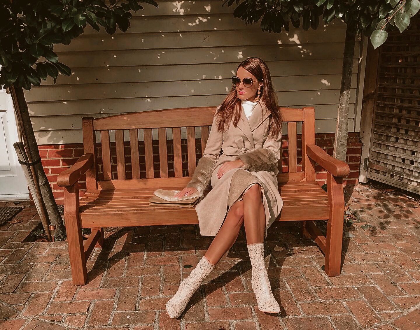 FASHION UNION CAMEL COAT | QUPID CRYSTAL EMBELLISHED BOOTS | MIU MIU SUNGLASSES | WAREHOUSE SKIRT