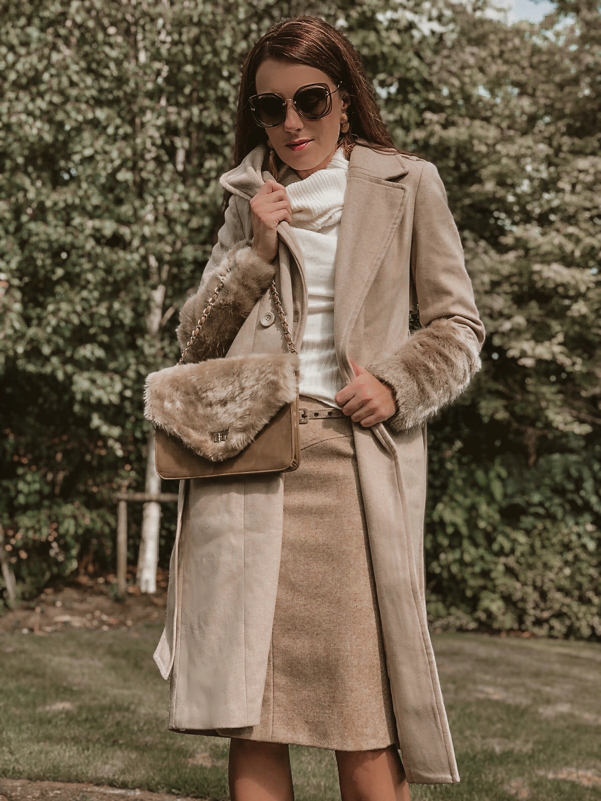 FASHION UNION CAMEL COAT | QUPID CRYSTAL EMBELLISHED BOOTS | MIU MIU SUNGLASSES | WAREHOUSE SKIRT