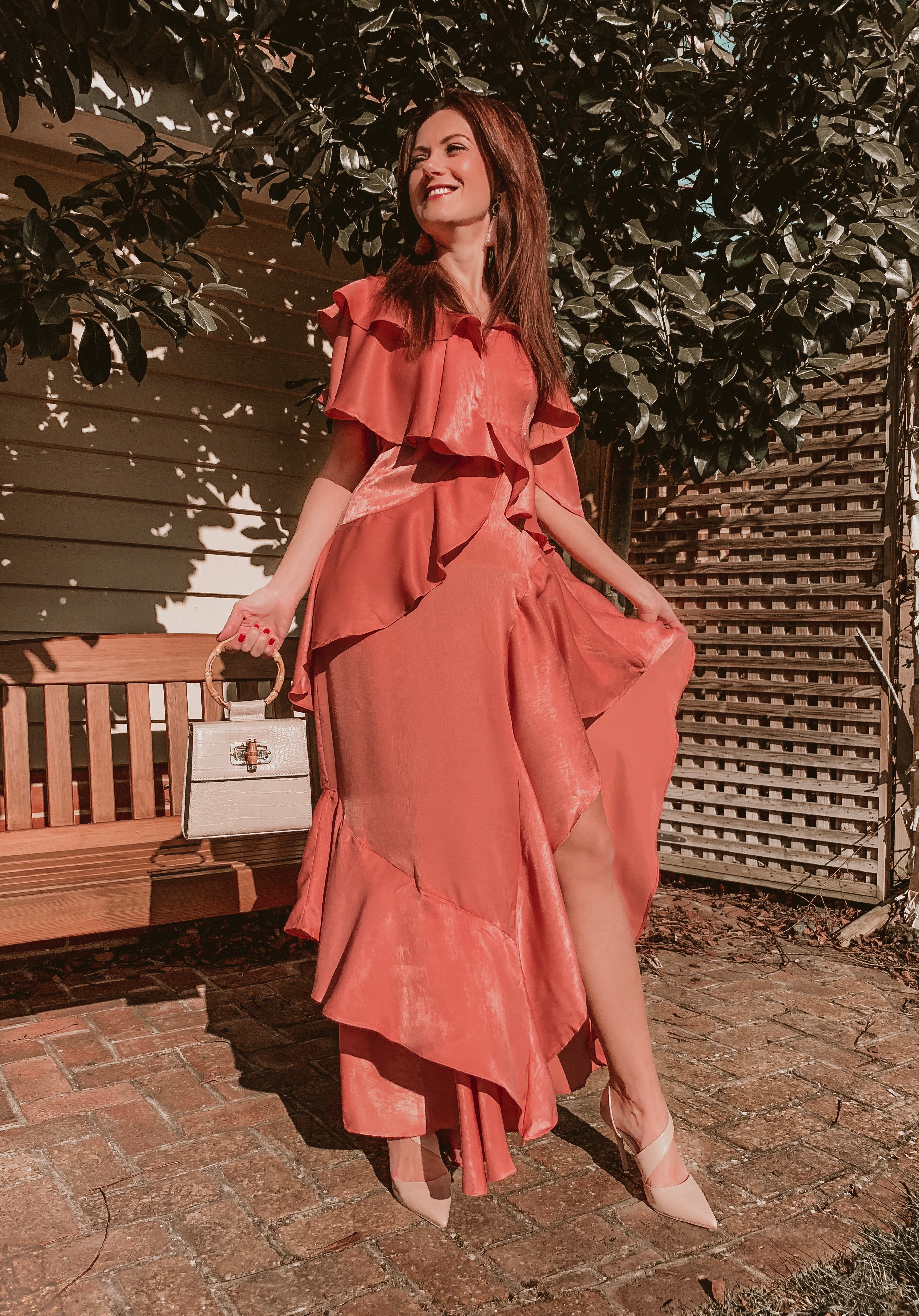 ASOS DESIGN floaty satin ruffle maxi dress | Miu Miu sunglasses | Liars & Lovers cream mock croc bamboo handle cross body bag | Carvela Pointed Asymmetric Strap Heels