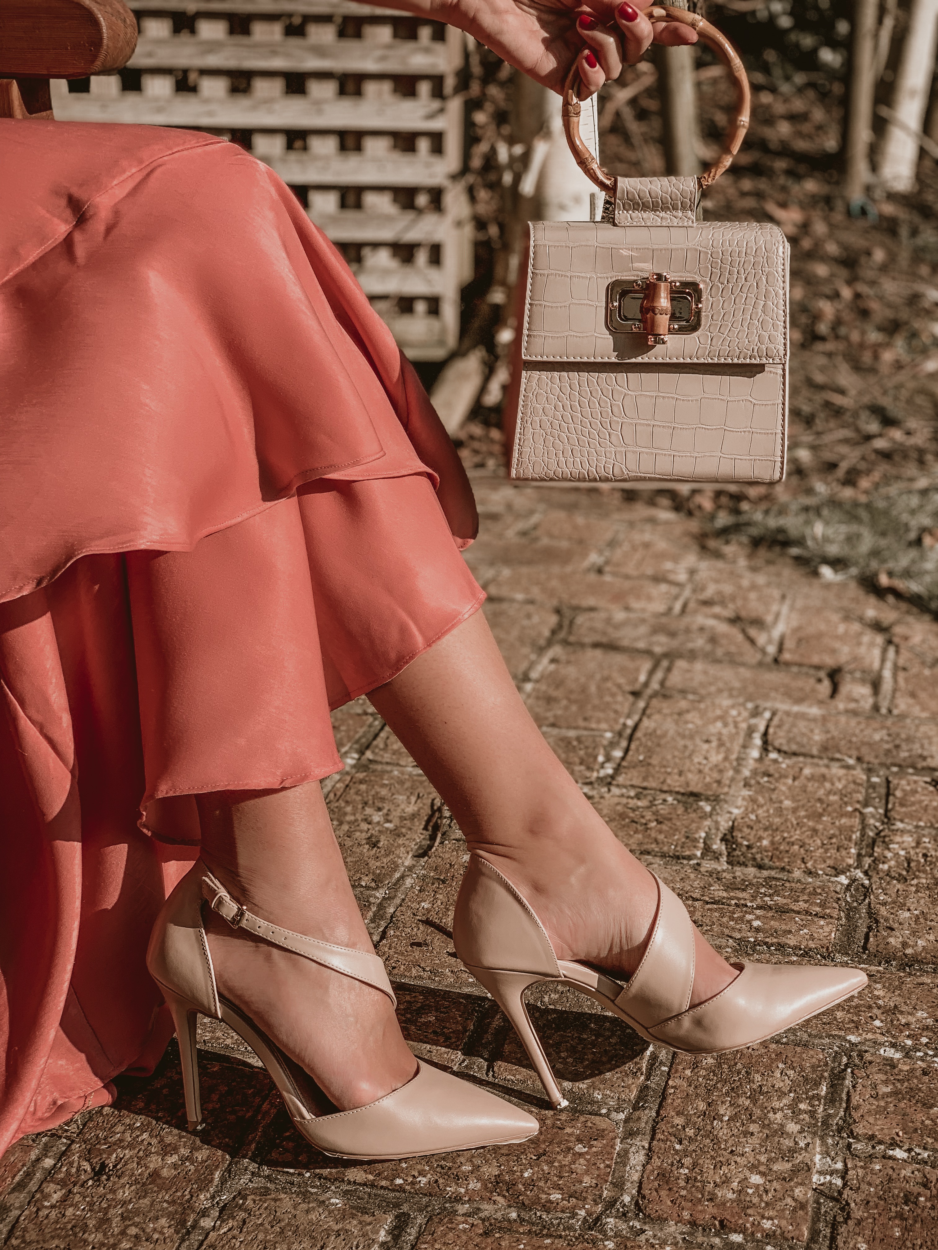 ASOS DESIGN floaty satin ruffle maxi dress | Miu Miu sunglasses | Liars & Lovers cream mock croc bamboo handle cross body bag | Carvela Pointed Asymmetric Strap Heels