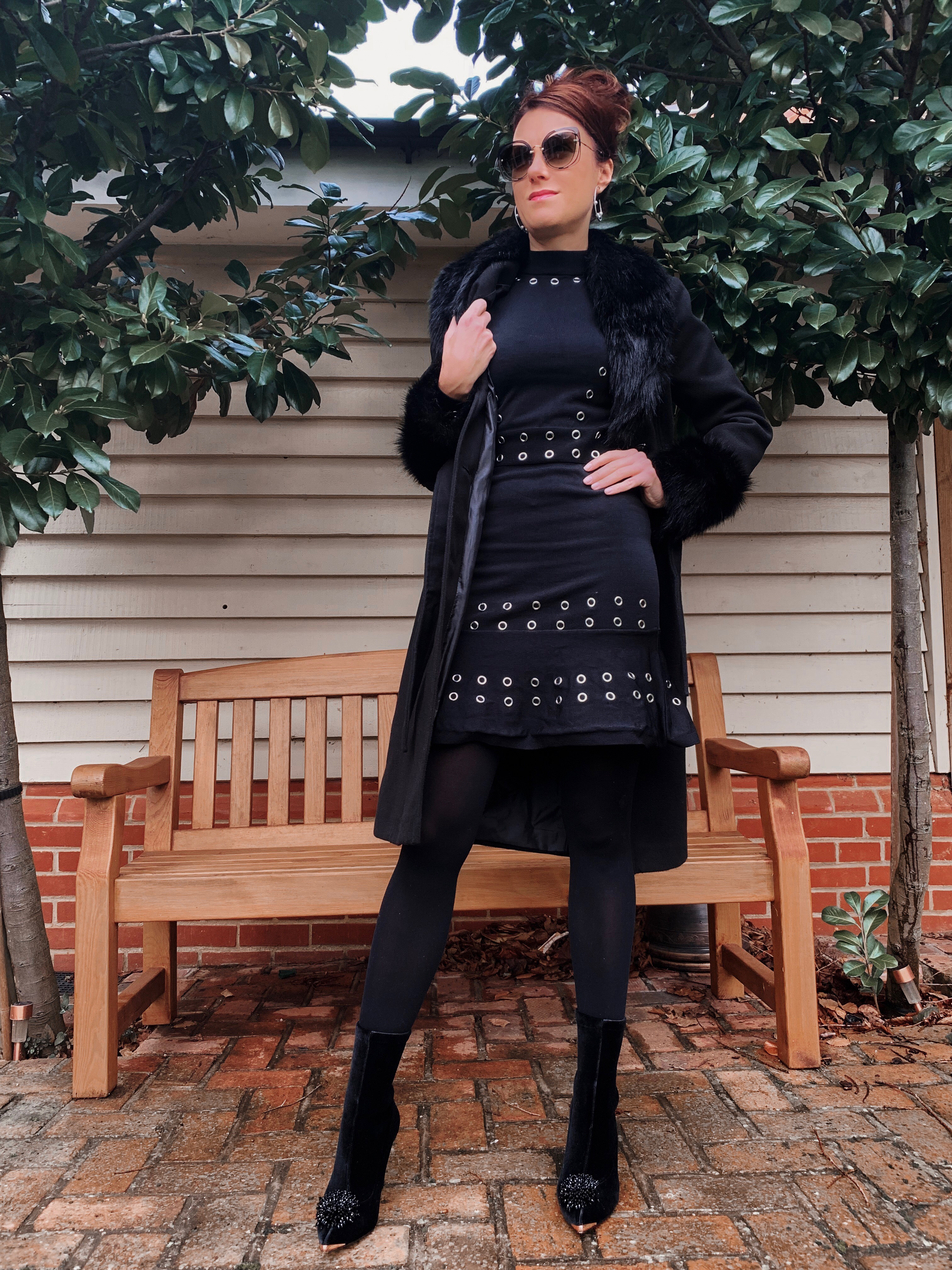 Warhouse Faux Fur Detail Belted Coat | V by Very Peplum Hem Eyelet Detail Knitted Dress | TED BAKER Elzbetv pom pom sock boots | Swarovski earrings | Miu Miu Sunglasses