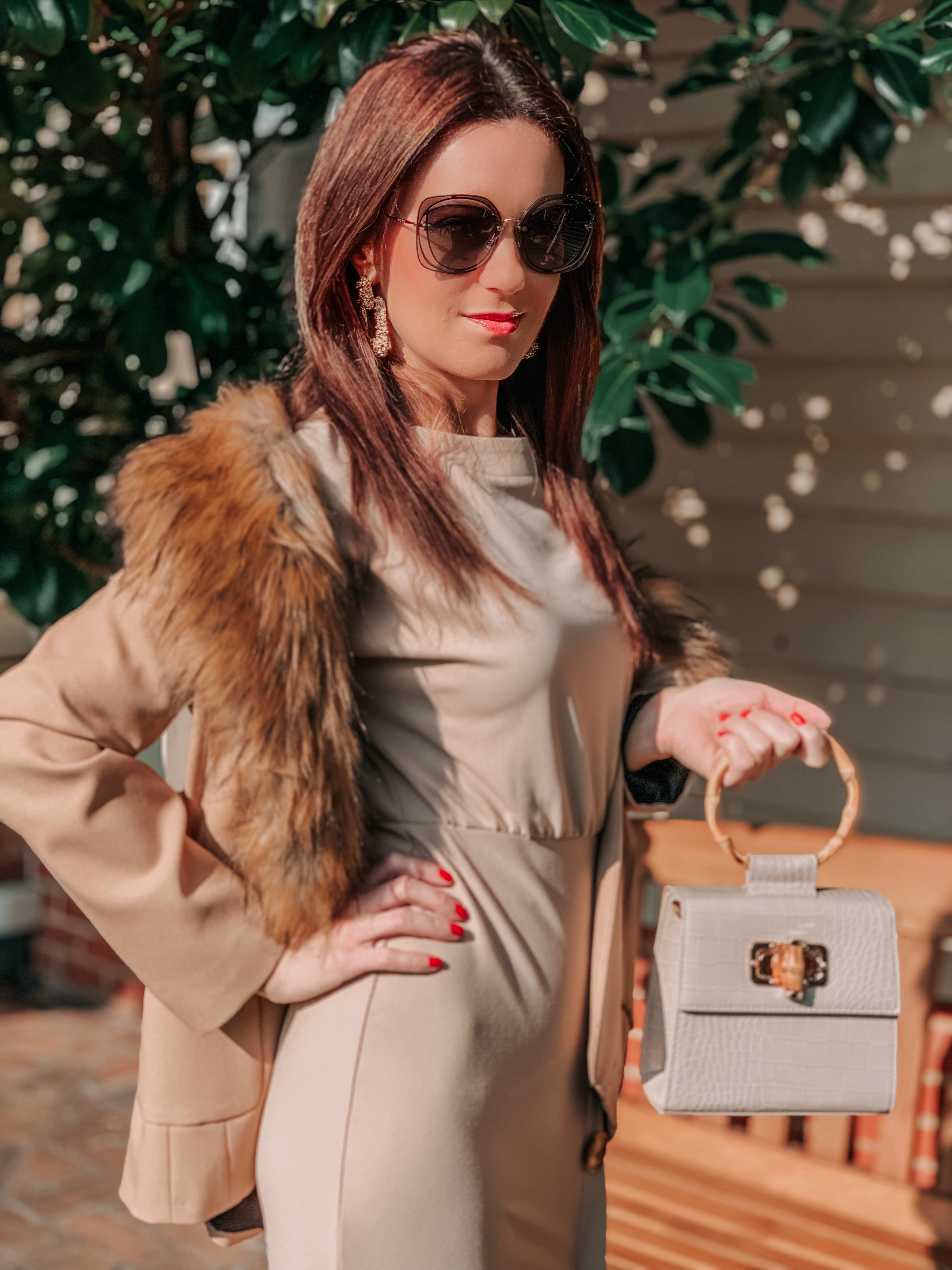 ASOS DESIGN batwing shell button pencil dress | Liars & Lovers cream mock croc bamboo handle cross body bag | Carvela Pointed Asymmetric Strap Heels | MIU MIU Scenique cut-out eyewear | Zara TEXTURED GEOMETRIC EARRINGS | Elegant Duchess Boutique Brooch