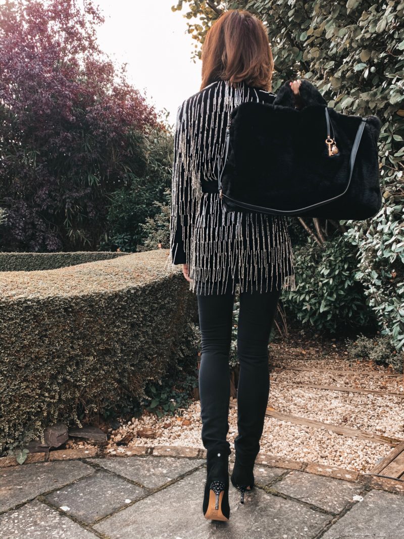 ASOS EDITION velvet beaded fringe blazer | Swarovski MERRY PIERCED EARRING JACKETS | BOSS Black Jeans | Miu Miu sunglasses | River Island large bag | Ravel Almond Toe High Heeled Ankle Boot