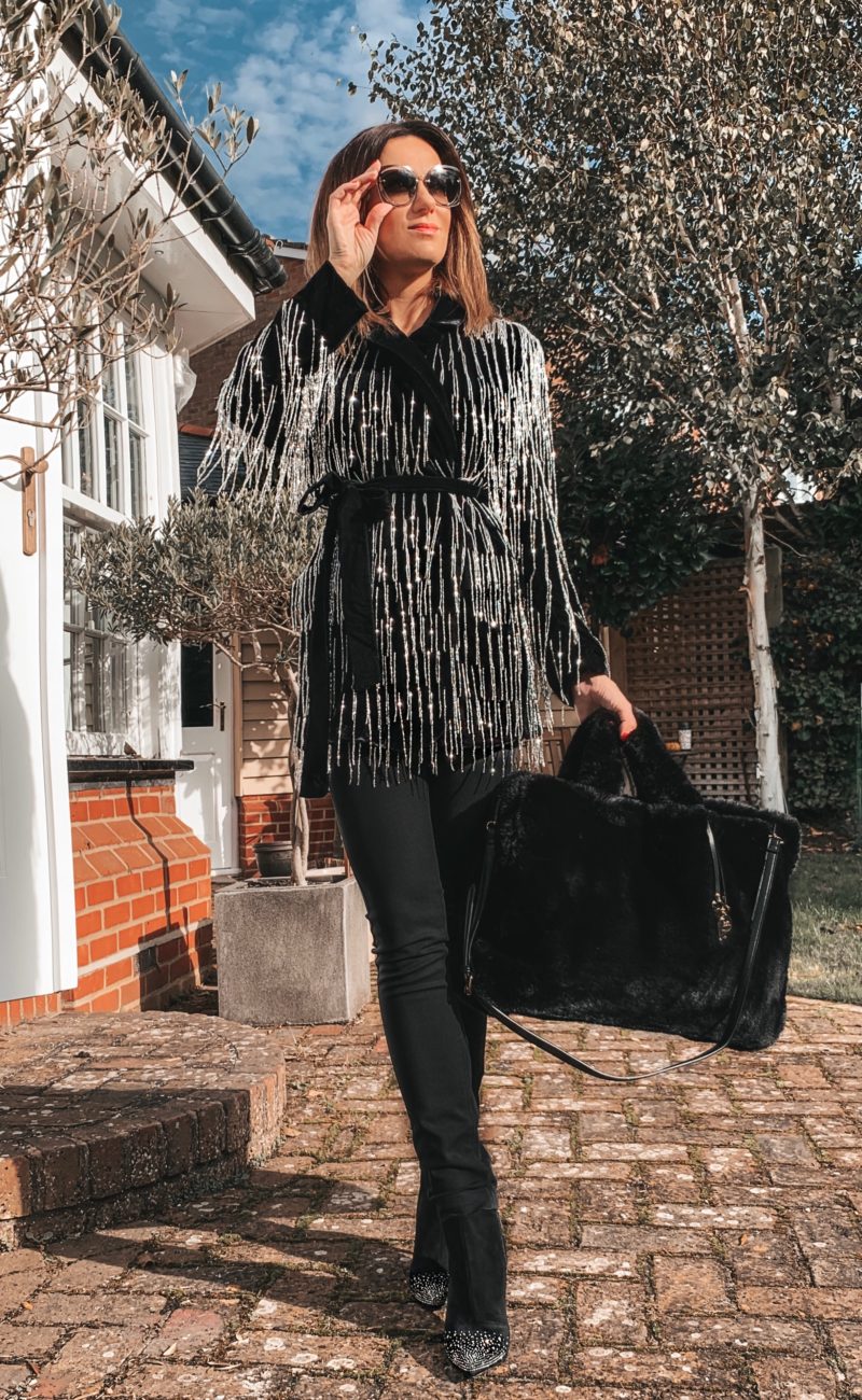 ASOS EDITION velvet beaded fringe blazer | Swarovski MERRY PIERCED EARRING JACKETS | BOSS Black Jeans | Miu Miu sunglasses | River Island large bag | Ravel Almond Toe High Heeled Ankle Boot