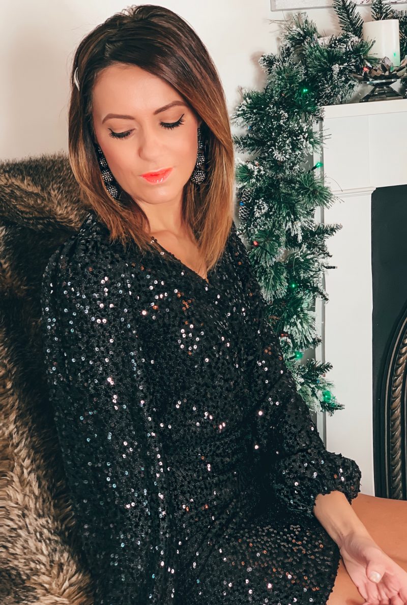 Next Sequin Wrap Dress | ASOS DESIGN Stellar embellished mid heels in black velvet | ASOS DESIGN Luxe diamante fringe sphere bag | Elegant Duchess Boutique (Diamond Fringe Bag - more colours available) | Elegant Duchess Boutique Hair Clip