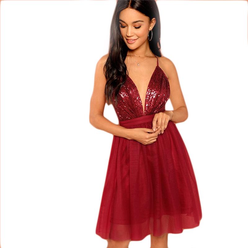 Burgundy Sequin Detail Mesh Halter Deep V Neck Dress