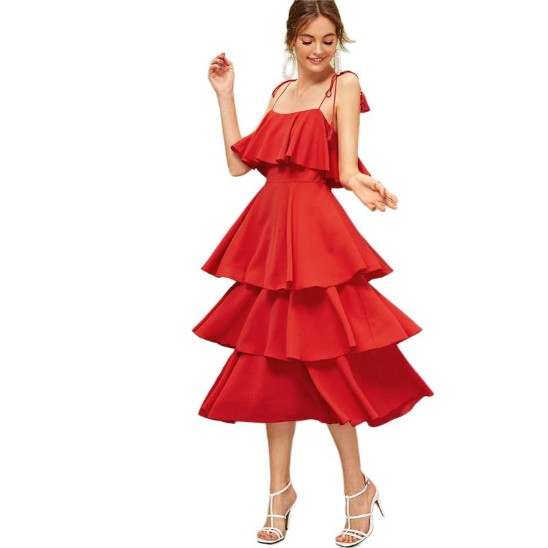 Red Tiered Ruffle Spaghetti Straps Midi Dress