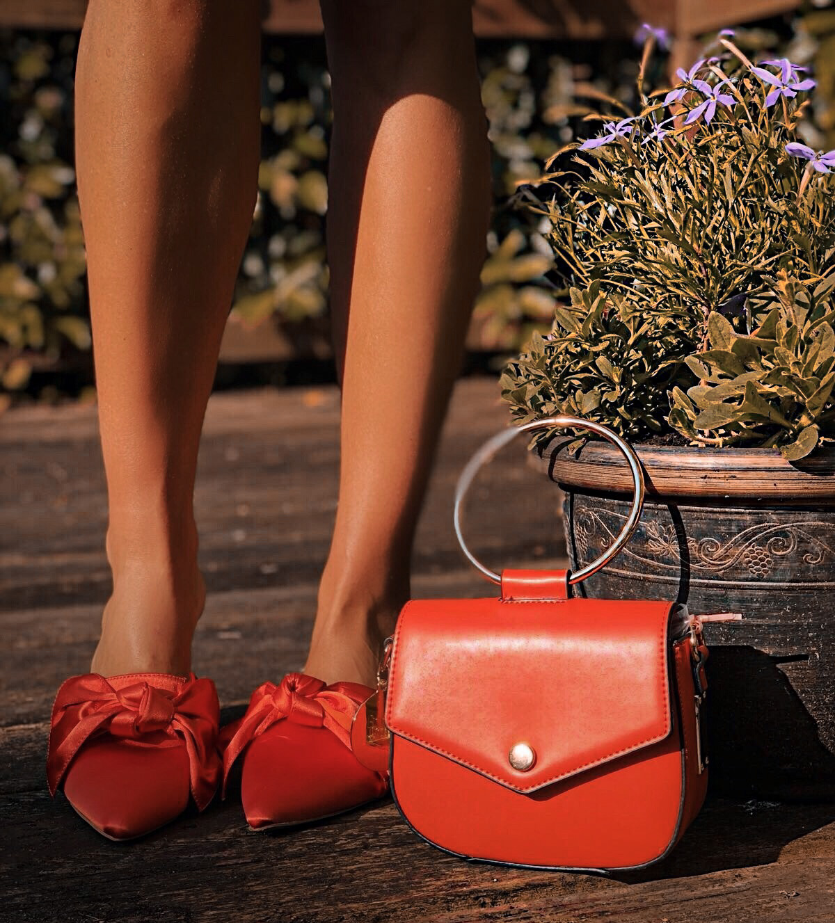 JANNETT Laser cut ruffle skater dress | ASOS DESIGN Lightening Pointed Bow Ballet Flats | ASOS Resin Petal and Tassel Earrings | Faith Ring Handle Chain Cross Body Bag | Miu Miu sunglasses