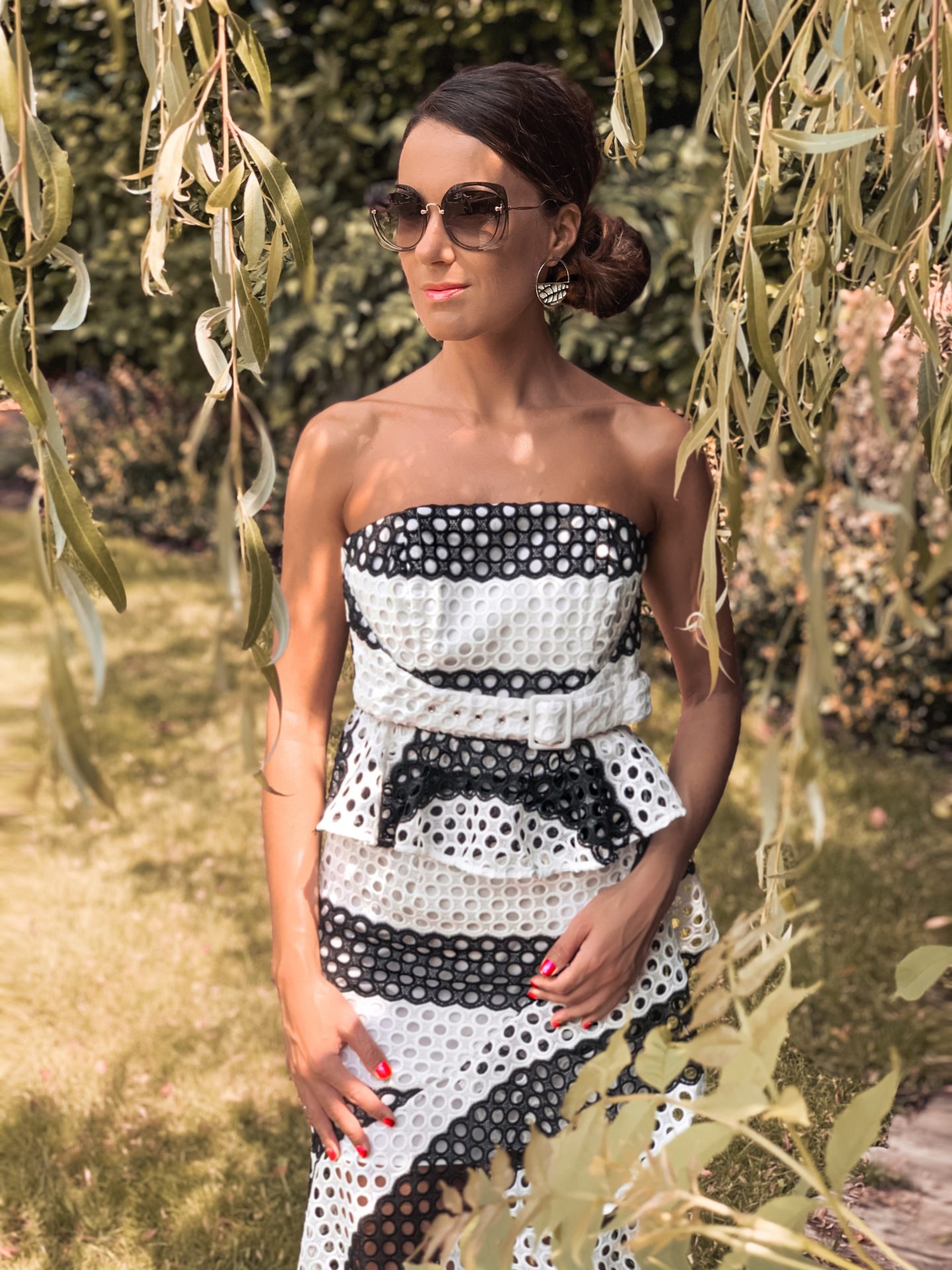 ASOS DESIGN bandeau mono stripe lace midi pencil dress in monochrome | South Beach Exclusive fold over clutch in white straw | Miu Miu Sunglasses | Les Georgettes earrings