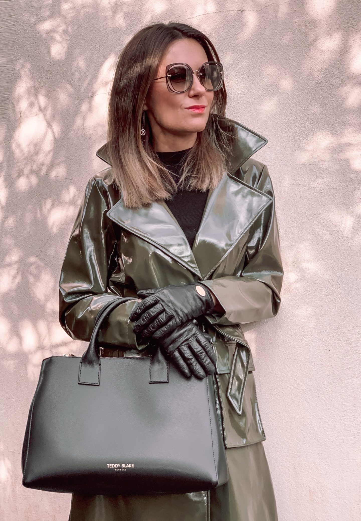 ASOS Urbancode high shine PU belted trench coat in khaki | Mulberry gloves | Miu Miu sunglasses | Teddy Blake Bag